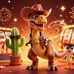Play exciting slots at lc88 with a T-Rex cowboy, lucky symbols, and vibrant energy.
