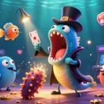 Engage in stunning 3D magic with 89e featuring deep-sea characters performing card tricks among gaming elements.