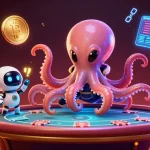 Engage with the HHBD casino experience featuring an octopus at a holographic poker table amidst cryptocurrency elements.