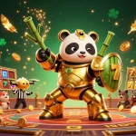 Engage with 7J777 in a vibrant 3D casino illustration showcasing dynamic golden panda characters and immersive gaming elements.