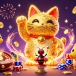 Join the excitement at MX5 with a dynamic illustration featuring a lucky cat and casino symbols.