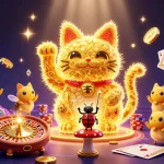 Experience thrilling wins at lx88, where golden coins and gems launch from a lucky cat immersed in casino excitement.
