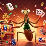 Slot menawan dengan karakter mantis mengedarkan kartu, penuh simbol keberuntungan dan elemen kasino.