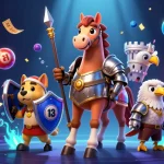 F8BET invites thrilling moments with a dynamic scene featuring a knight, puppy, and falcon amidst exciting casino elements.