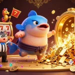 Engage with link FIVE88 in a vibrant gambling scene featuring a lucky fugu, catfish referee, and glimmering treasures.