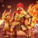 Bet on kèo nhà cái 5 showcasing a dynamic 3D casino scene with a rooster warrior and dragon hatchling.
