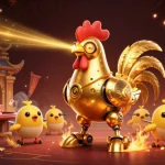 Engage with com poker strategies featuring a futuristic rooster robot and baby chick drones.