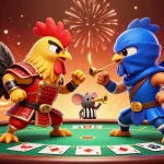 M3 VIP showcases dramatic rooster duel at a poker table with vibrant casino ambiance.