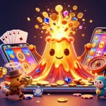 Spin with excitement at 7C777 as treasures erupt from a golden volcano in a vibrant casino scene.