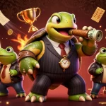 Engage in thrilling Sunwin gaming with a 3D turtle mobster and frog enforcers amid winning slot machines.