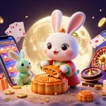 ea88 features a moon rabbit pounding golden mooncakes revealing poker chips in an enchanting casino scene.
