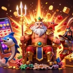 Engage with okvip's interactive gaming experience featuring Neptune and vibrant casino elements.