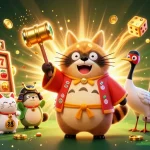 Experience the excitement with fly88 com's vibrant illustration featuring a lucky tanuki and jackpot symbols.