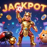 Experience victory at MB66 with a golden poker chip lifted by a heroic beetle and gaming elements swirling around.