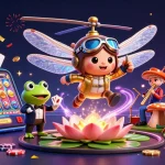 Experience the excitement of lucky slots at ea88 with a vibrant dragonfly and frog in a fun casino scene.