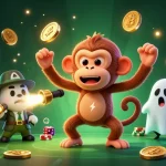 u888com showcases a gripping slots scene with a playful ghost monkey juggling coins and a curious puppy tracking it