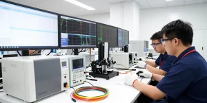Engineers collaborating on high-precision fiber optic components in a modern lab.