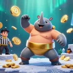 U888 players enjoy thrilling casino action with a vibrant cartoon beetle sumo champion surrounded by crypto elements.