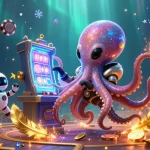 Engage in thrilling NOHU gameplay with an alien octopus and robot at a holographic slot machine, surrounded by coins and cosmic elements.