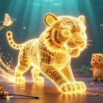Experience thrilling action at ae889 with a neon-lit casino scene featuring a glowing golden tiger and holographic butterflies.