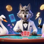 Enhance understanding of giải mã nhà cái with a vibrant 3D casino scene featuring a debonair wolf, an elegant swan, and a penguin sommelier.