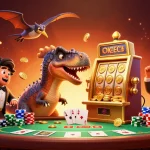 Experience the dynamic thrill of OKWIN as a pachycephalosaurus interacts with a golden slot machine, surrounded by vibrant casino elements.