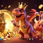 Experience winning strategies with Jun 88 in this vibrant casino-themed illustration depicting a T-Rex and friends.