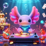 Engage with QQ88's vibrant underwater casino scene featuring neon axolotl DJ and spinning slot reels.