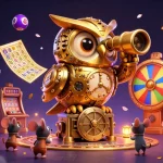 Engage with lc88's vibrant games surrounded by animated lottery balls and a whimsical owl.