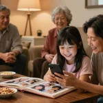 Engaging family story texting service moment with daughter texting mother about childhood memories in a cozy living room.