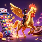 Visualize the excitement at j77, where a golden rooster navigates a midnight casino filled with games and glowing treasures.