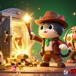 11WIN showcases a dynamic 3D scene of an explorer cat discovering riches amidst vibrant casino elements.