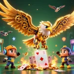 Experience the thrill of Go 88 through a dynamic 3D illustration of a golden eagle and arcade elements.