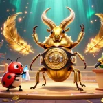 PHTAYA brings to life a vibrant 3D illustration of a golden beetle in a boxing ring, surrounded by distorting gaming elements and absorbing energy.