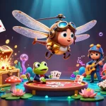 Engage with lương sơn at a vibrant lily pad casino featuring a dragonfly pilot and card-dealing frog.