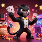 11WIN card dealing panther amidst vibrant casino elements for an engaging gaming experience.