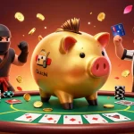 Experience thrilling wins with 789WIN as the piggy bank sumo wrestler unleashes golden coins in a vibrant casino scene.
