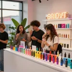 Exploring top disposable vapes in the USA with friends at vibrant vape shop.