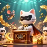 Join the mv88 casino adventure with a mystical cat playing the organ amid golden tokens and enchanting elements.