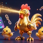 Experience thrilling action with the 11WIN golden rooster robot and crypto elements in this vibrant scene.