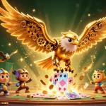 Engage with the thrills of fly88 casino, featuring a golden eagle amidst dynamic gaming elements and vibrant visuals.