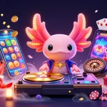 Experience the vibrant excitement of EA88 with a neon axolotl DJ in a dynamic casino scene featuring slot games.
