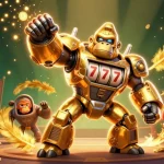 KUWIN gaming experience with a golden gorilla mech and dynamic casino elements showcasing excitement.