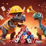Experience LV88's vibrant gaming with triceratops stacking poker chips amid festive celebrations.