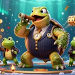 S8 jackpot scene featuring a cartoon turtle mobster with casino elements and vibrant lights.