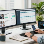 Seorang marketer menggunakan GEGESLOT di ruang kerja modern dengan analitik digital.
