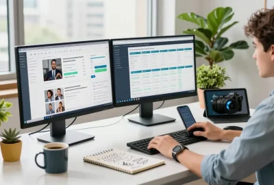 Seorang marketer menggunakan GEGESLOT di ruang kerja modern dengan analitik digital.