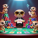 Experience exciting gaming at nk88 with meerkats running a bustling casino, showcasing vibrant poker action.