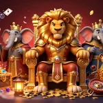 Experience the best aussie online casinos with a vibrant scene featuring a roaring lion king and gambling elements.