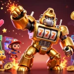 Engage with thrilling games at ao888, featuring a golden mech and arcade elements in an action-packed 3D illustration.